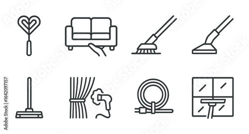Living Room Cleaning Icons. Outline vector icons of living room deep cleaning: rug beater, couch lift,