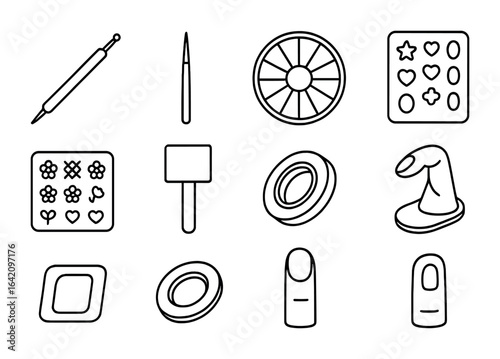 DIY Nail Art Essentials. Outline vector icons of DIY nail art kits: dotting tool, striping brush, gem wheel,