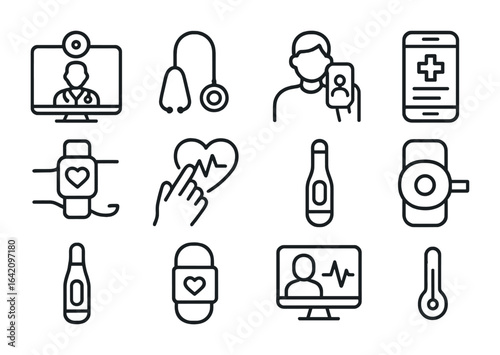 Telemedicine Icons Grid. Outline vector icons of telemedicine physical assessment: webcam doctor, digital