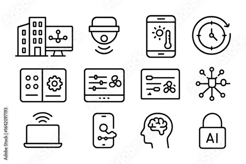 Building Automation Icons. Outline vector icons of building automation: building control hub, occupancy sensor
