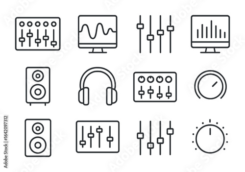 Audio Tools Icon Set. Outline icon set of mixing and mastering: audio mixer, waveform editor, fader control,