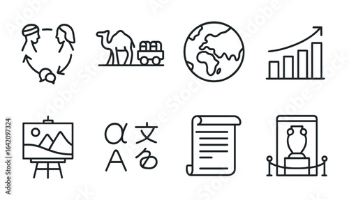 Silk Road Icon Set. Outline icon set of Silk Road legacy and influence: cultural exchange, trade network,