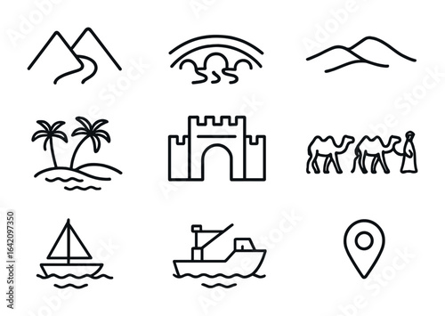 Silk Road Icon Set. Outline icon set of Silk Road routes and geography: mountain pass, river crossing, desert