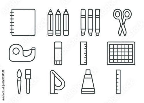 Creative Tools Icons. Outline icon set of creative tools and supplies: sketchbook, colored pencils, markers,