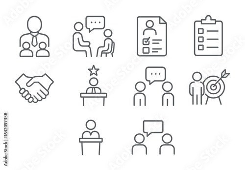 Leadership Icons Grid. Outline icon set of leadership and coaching: mentor figure, coaching session, feedback
