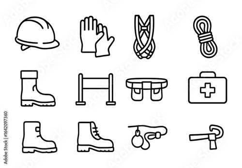 Roof Safety Icons. Outline icon set of roof safety equipment: helmet, gloves, harness, safety rope, boots,