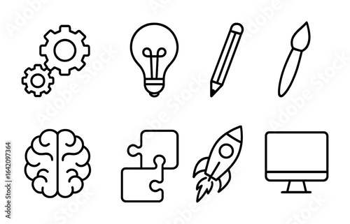 Innovation Icons Grid. Outline icon set of innovation and creativity: gears, lightbulb, pencil, paintbrush,