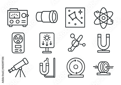 Space Study Icon Set. Outline icon set of scientific equipment for space study: spectrometer, telescope lens,