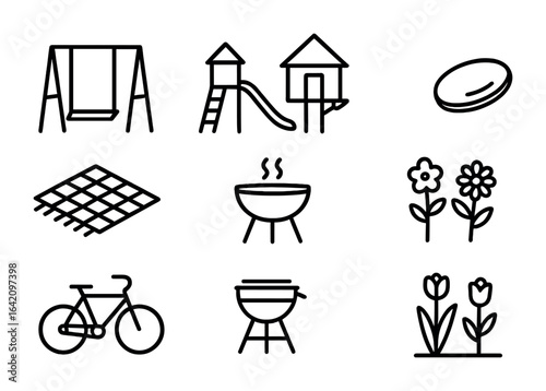 Outdoor Fun Icons. Outline icon set of outdoor fun: swing set, playground slide, treehouse, frisbee, picnic