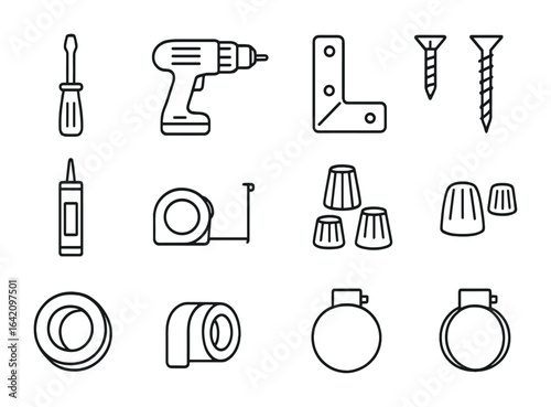 Installation Tools Icons. Outline icon set of installation tools and parts: screwdriver, drill, mounting