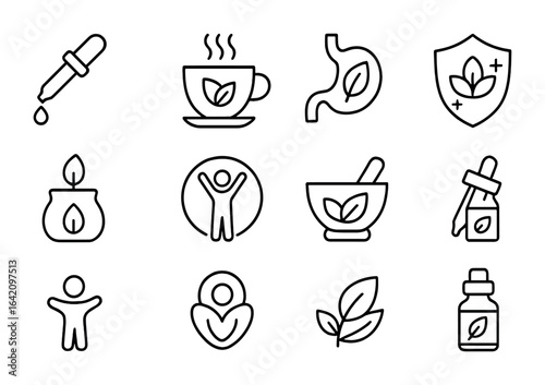Herbal Remedy Icons. Outline icon set of herbal remedies and benefits: essential oil dropper, calming tea,