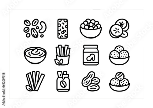 Plant-Based Snacks Icons. Outline icon set of plant-based snacks: trail mix, granola bar, roasted chickpeas,