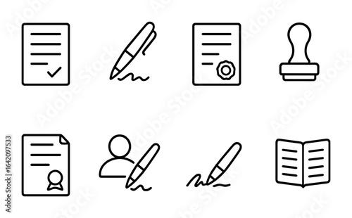Legal Icons Set. Outline icon set of legal documentation and ethics: contract icon, signature pen, affidavit