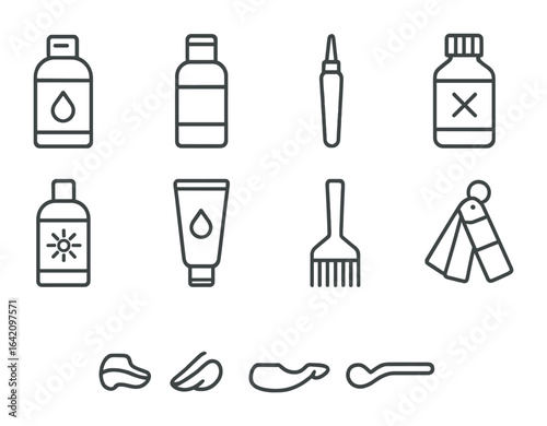Hair Color Icon Set. Outline icon set of hair color care: color-safe shampoo, toner, root touch-up, color