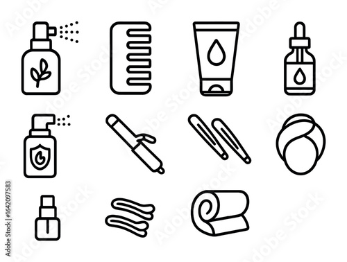 Hair Care Icons. Outline icon set of hair care routine: detangling spray, wide-tooth comb, styling gel, hair