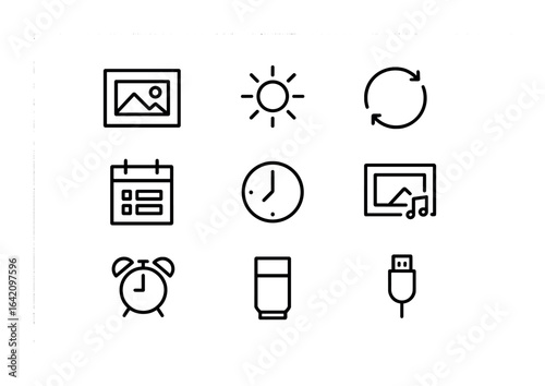 Photo Frame Icons. Outline icon set of photo frame features: brightness control, rotation icon, calendar