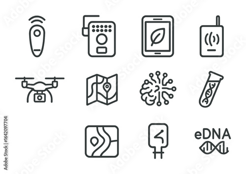 Conservation Tech Icons. Outline icon set of conservation technologies: GPS tracker, camera trap, field tablet