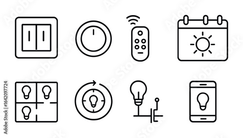 Lighting Control Icons. Outline icon set of lighting control systems: switchboard, dimmer knob, remote