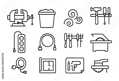 Workshop Essentials Icons. Outline icon set of workshop essentials: bench vise, sawdust bin, wood shavings,