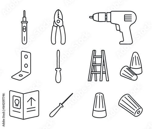 DIY Lighting Tools Icons. Outline icon set of DIY lighting tools: voltage tester, wire stripper, electric