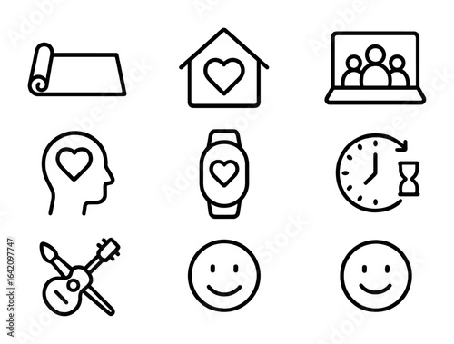 Work-Life Balance Icons. Outline icon set of work-life balance: yoga mat, home with heart, laptop and family
