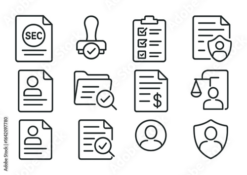 Financial Regulation Icons. Outline icon set of financial regulation and compliance: SEC document, regulatory