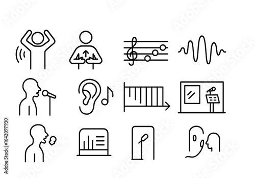 Vocal Training Icons. Outline icon set of vocal performance training: warm-up icon, breathing technique, vocal