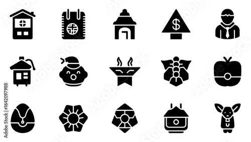 Vector art of collection of various black icons representing different types of buildings and structures, isolated on a white background