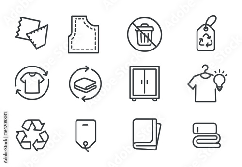 Zero-Waste Fashion Icons. Outline icon set of zero-waste fashion choices: fabric scraps, pattern cutout,