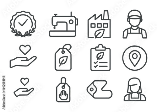 Ethical Clothing Icons. Outline icon set of ethical clothing production: fair trade badge, sewing machine,