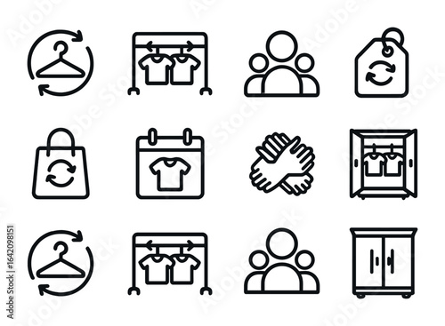 Clothing Swap Icon Set. Outline icon set of clothing swap events: swap hanger, shared rack, community icon,