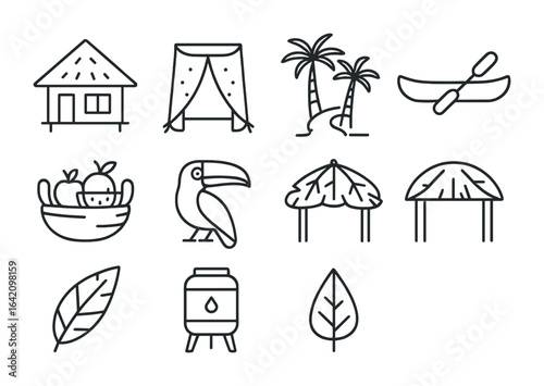Jungle Eco-Stay Icons. Outline icon set of jungle eco-stays: thatched hut, insect net, tropical trail, river
