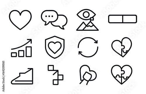 Relationship Rebuilding Icons. Outline icon set of relationship rebuilding steps: open heart, dialogue arrow,