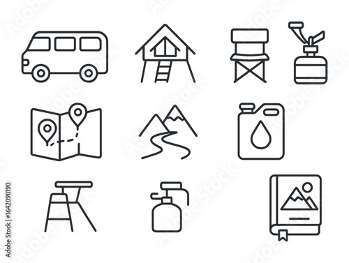 Vanlife Adventure Icons. Outline icon set of vanlife adventures: camper van, rooftop tent, folding chair, gas