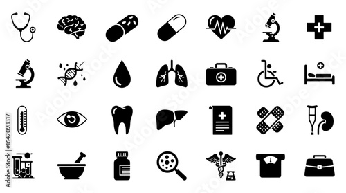 Vector art of collection of medical and healthcare icons isolated on white background