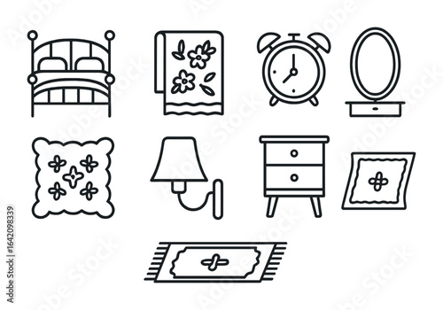 Classic Bedroom Icons. Outline icon set of classic bedroom elements: iron bed frame, floral bedspread, vintage