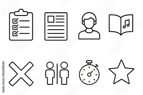 Audition Tool Icons. Outline icon set of audition preparation tools: rehearsal checklist, audition form,