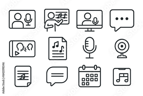 Online Vocal Coaching Icons. Outline icon set of online vocal coaching: video call icon, online lesson, shared