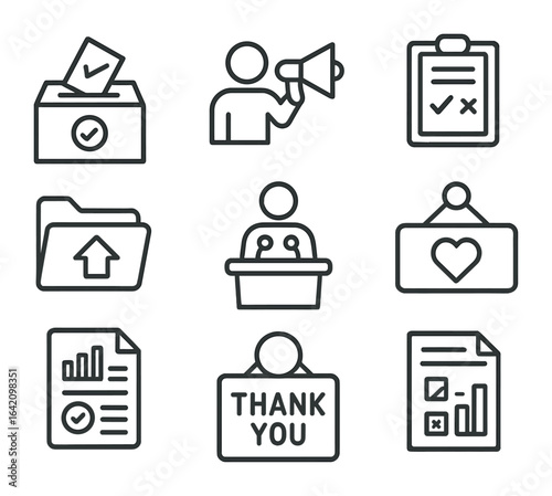 Post-Election Icon Set. Outline icon set of post-election processes: vote count icon, result announcement,
