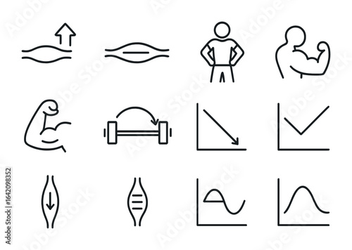 Muscle Contraction Icons Grid. Outline icon set of types of muscle contractions: concentric arrow, eccentric