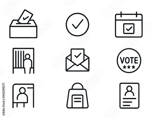 Voting Icons Overview. Outline icon set of voting and elections: ballot box, checkmark, voter ID, election
