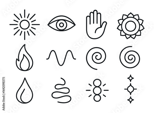Spiritual Awakening Icons. Outline icon set of spiritual awakening: light burst, third eye symbol, open palm,