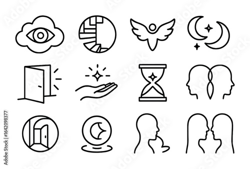 Dream Icon Set. Outline icon set of dream and astral symbols: eye in cloud, spiral staircase, flying symbol,