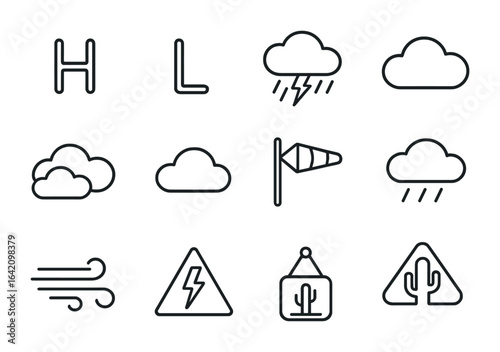 Weather Icon Grid. Outline icon set of weather symbols in forecasting: high pressure H, low pressure L, storm