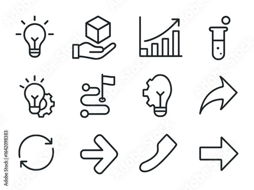 Business Innovation Icons. Outline icon set of business innovation leadership: idea spark, prototype icon,