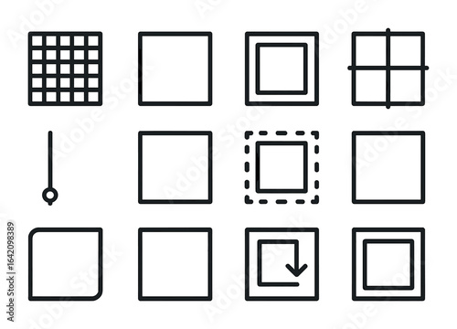 Design Frame Icons. Outline icon set of icon design frames: pixel grid, square boundary, padding box, center