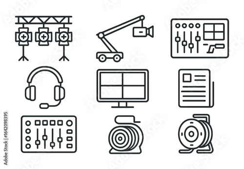 Esports Production Icons. Outline icon set of esports production setup: lighting rig, camera crane, sound