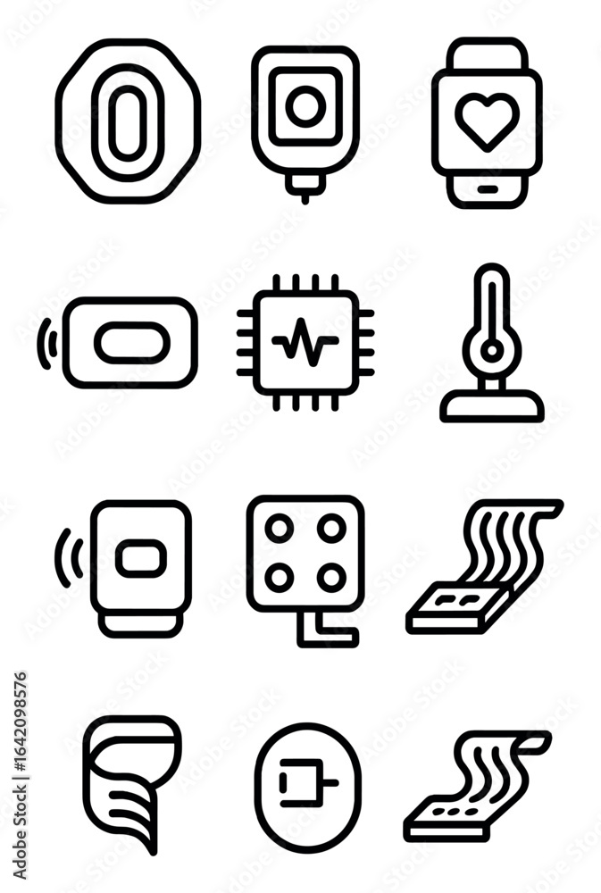Fototapeta premium Wearable Health Sensor Icons. Outline icon set of wearable health sensors: smart patch, glucose monitor, heart