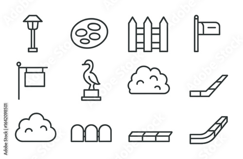 Front Yard Icons. Outline icon set of front yard elements: pathway light, stepping stone, fence panel, mailbox