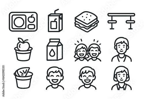 Lunch Break Icons. Outline icon set of lunch break memories: cafeteria tray, juice box, sandwich, lunch table,
